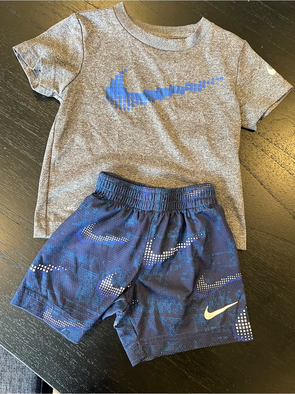 Nike Kids Gray Tee with Blue Pixel Swoosh & Navy Printed Shorts